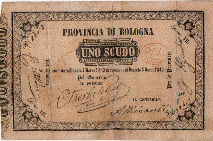 Provincia di Bologna Uno Scudo 7 Marzo 1849